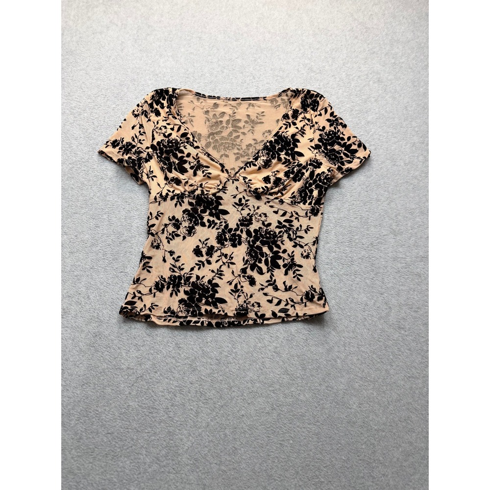 SHEIN Women Beige Black Velvet Floral Mesh V-Neck Short Sleeve Top L 8/10